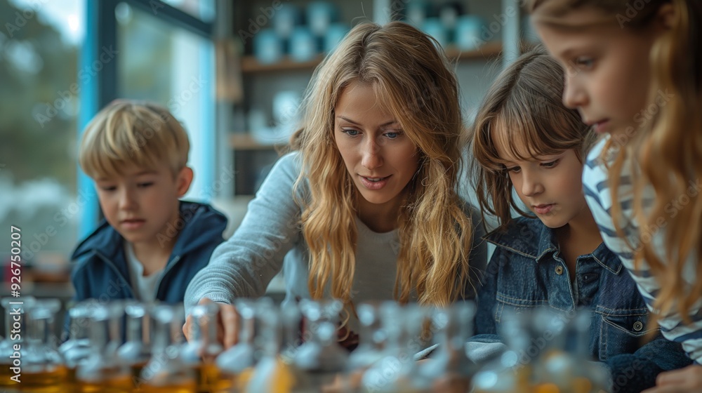 Poster a teacher guides children in a science experiment with bottles, fostering curiosity and learning.