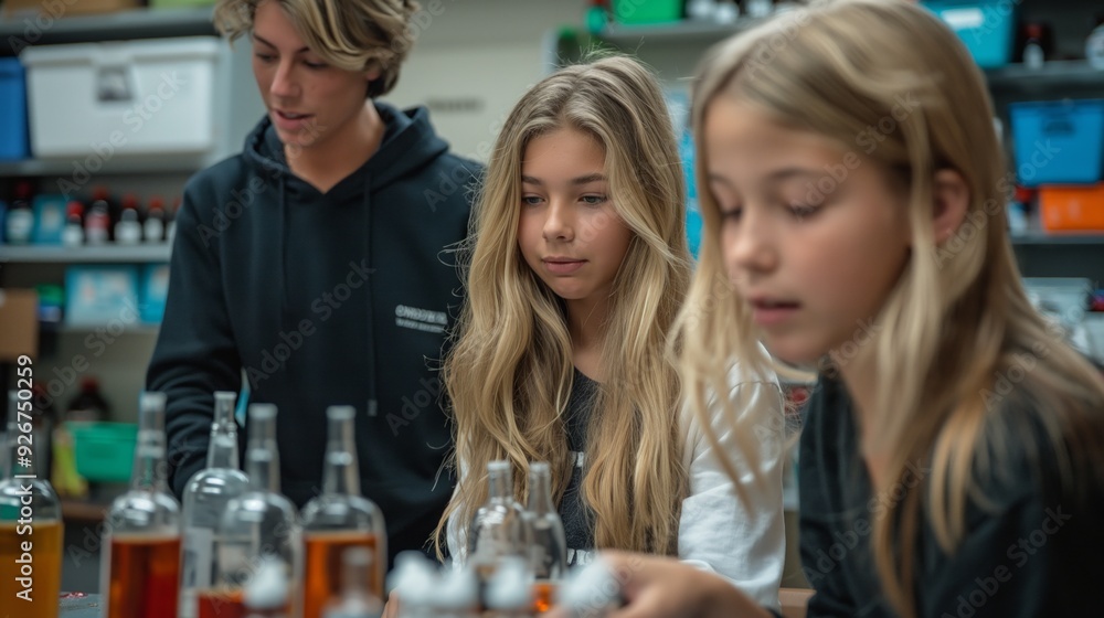 Poster students working on a science experiment in a laboratory.