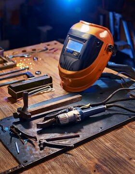 Welder's table with tools and welding machine