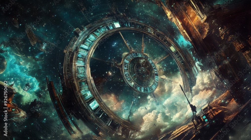 Aufkleber a large clock is shown in a futuristic setting with clouds, ai
