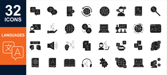 Language flat 32 icons set. Speaking, translate, speak, communication, speech, grammar, dialect icons and more signs. Flat icon collection.