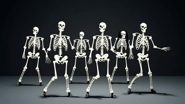Skeletons dancing in synchronized formation on stage