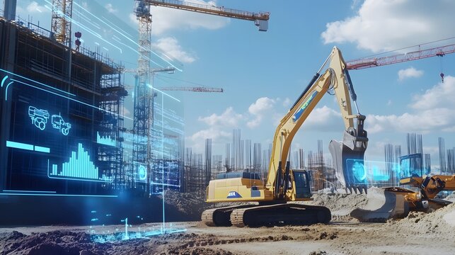 An excavator on a construction site with digital overlay. - Powered by Adobe