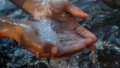 Fototapeta premium Close-up of hands cupping fresh water from a stream.