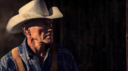 A weathered rancher gazes off into the distance.
