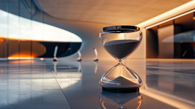 Futuristic sand timer nearly empty, modern design emphasizes low sand level in realistic photo