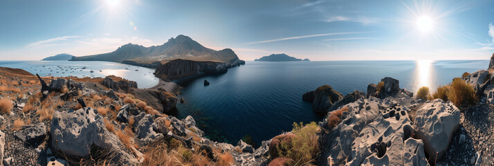 Volcanic Landscape and Coastal Bay at Sunset on Filicudi Island, Italy