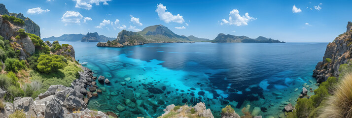 Panoramic View of Crystal Clear Waters and Rocky Cliffs on Alicudi Island, Italy