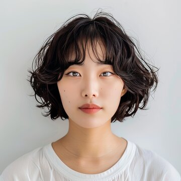 Stylish korean short bob haircut with perm showcased on a clean white background
