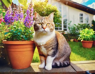 A young cat lounges in the sunlit backyard, nestled next to a vibrant potted flower, its fluffy fur glowing in the warm, tranquil garden ambiance.