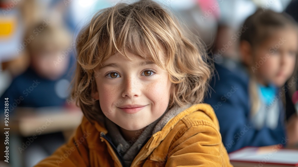Poster closeup of a smiling child with curly hair in a classroom, capturing an expression of curiosity and 