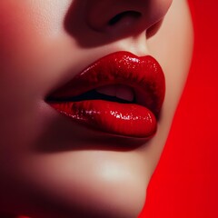 Obraz premium zoom up photo of the lips of a girl with bright red lipstick with bright red background