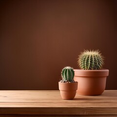 A product display a table made of wood surface with a cactus in a red clay pot, with Western-style burnt amber colors