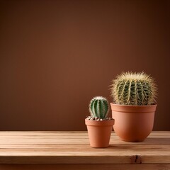 A photo product displays, a table made of wood surface with a cactus in a red clay pot, with Western-style burnt amber colors. 