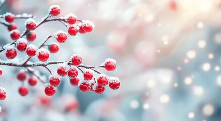 Winter berries covered in snow with soft light and falling snowflakes in a serene setting