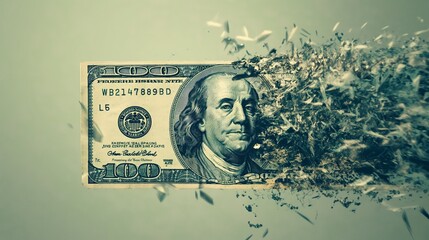 A 00 bill gradually disintegrates into pieces, symbolizing economic issues, financial instability, or depreciation.