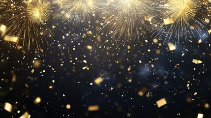 Fototapeta premium Golden Fireworks and Confetti Exploding on Black Background