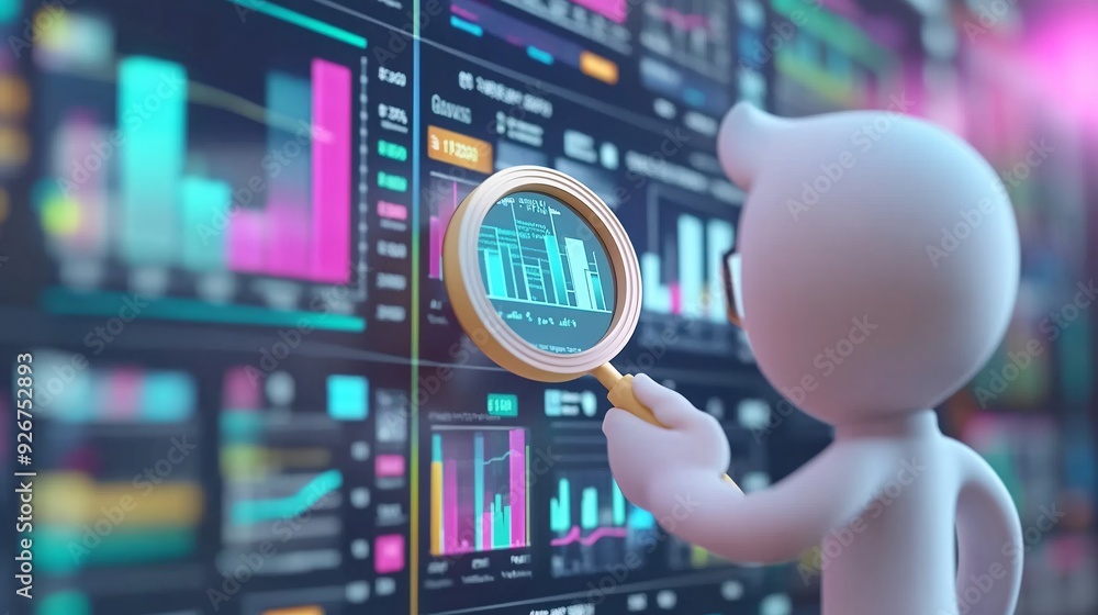 Poster analyzing financial data: 3d business figure with magnifying glass and screen display