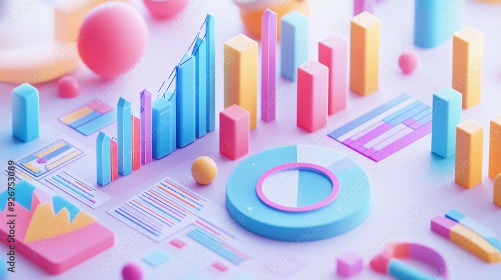 Poster analyzing business data in 3d pastel-colored presentation with charts and graphs