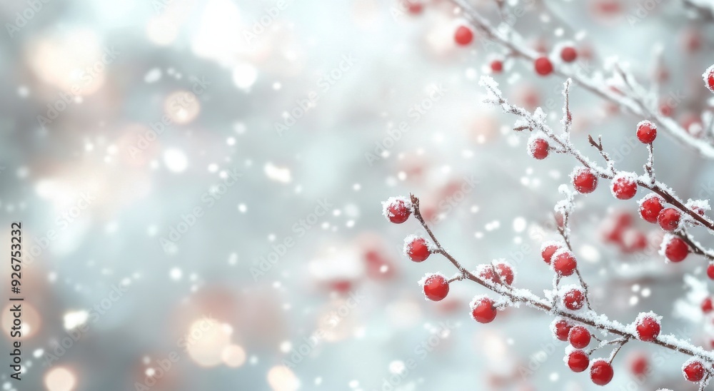 Poster winter berries covered in snow with soft light and falling snowflakes in a serene setting