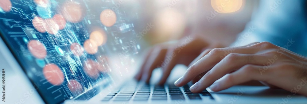 Poster person typing on a laptop while data visuals appear in a modern workspace