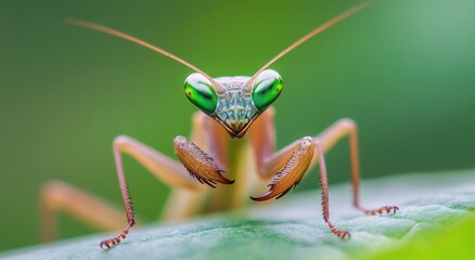 Close-up of a vibrant praying mantis on a green leaf during sunny daylight