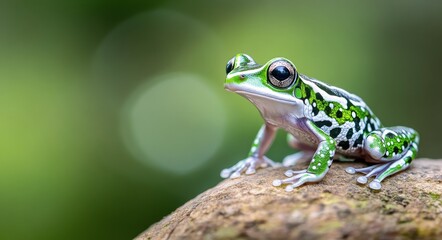 Obraz premium Green and black frog perched on a rock in a lush forest during daytime