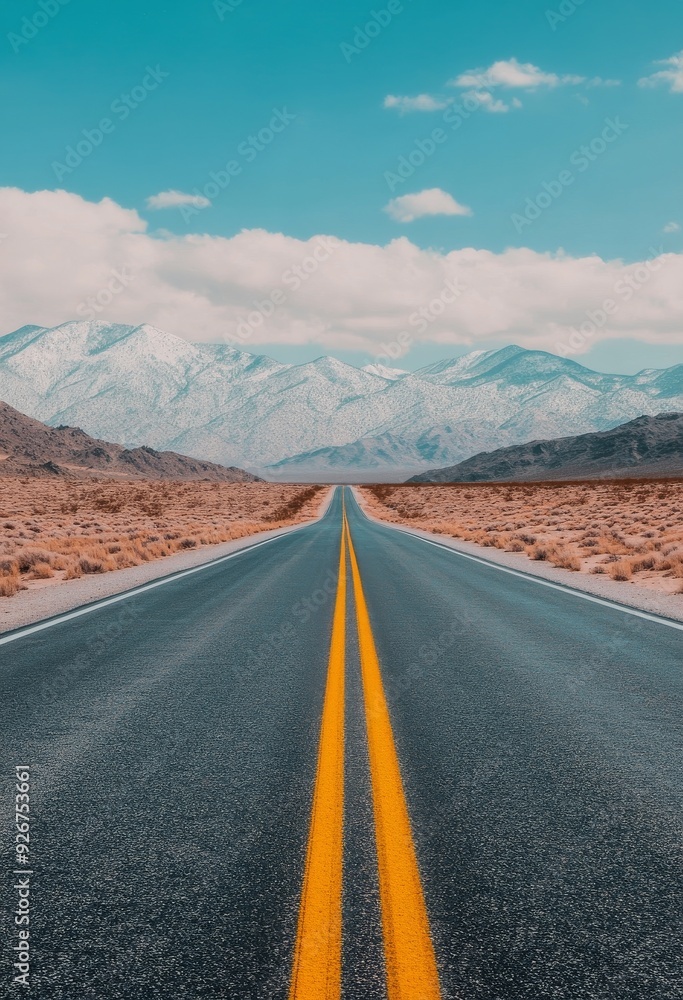 Canvas Prints Open highway stretches toward snow-capped mountains under a clear blue sky