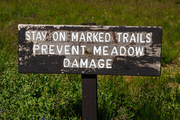 Sign with message stay on marked trails prevent meadow damage