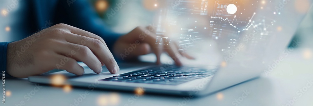 Aufkleber person typing on a laptop while data visuals appear in a modern workspace