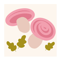 Soft pink mushrooms with a light background and green leaves placed together in a minimalist style