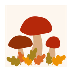 Colorful mushrooms surrounded by autumn leaves in a minimalist design setting