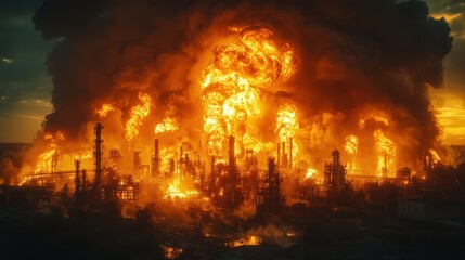 Obraz premium Massive industrial explosion with a big flame of fire and thick black smoke engulfing the factory, creating a dangerous and chaotic scene at night