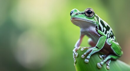 Obraz premium Green and black frog perched on a rock in a lush forest during daytime