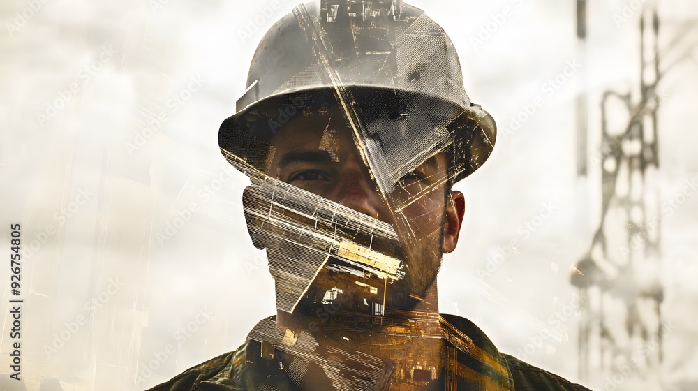 Aufkleber a construction worker's face is superimposed with an image of a building, creating an abstract and i