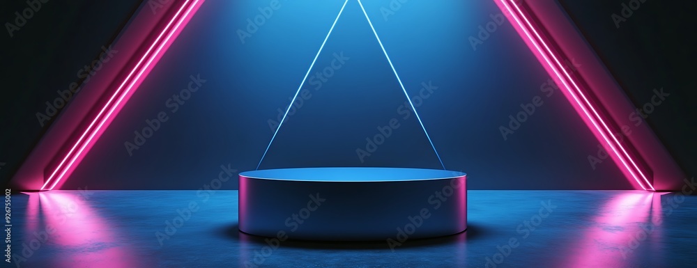 Poster a 3d rendering of a cylindrical platform illuminated by neon lights in a dark room.