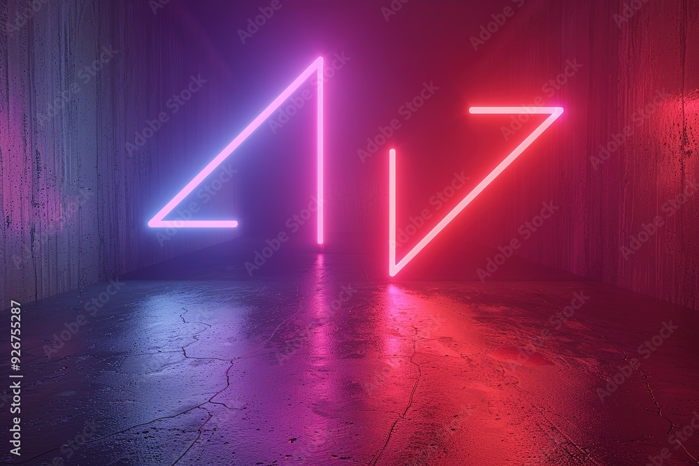 Poster abstract minimalist geometric background. two counter neon arrows shifting, linear graphics. shuffle