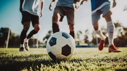 Fototapeta premium Soccer ball in the grass with players in the background.