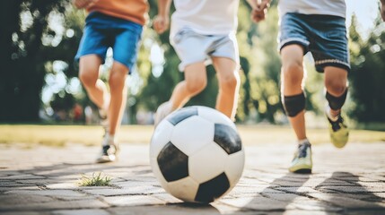 Fototapeta premium Three young boys play soccer in a park, chasing the ball with smiles on their faces.