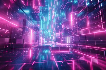 pink blue neon abstract background, glowing panels in ultraviolet light, futuristic power generating technology