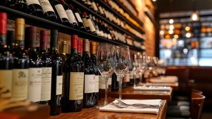 Obraz premium A row of wine bottles on a counter in an upscale restaurant, highlighting quality and uniqueness.