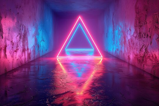 pink blue neon abstract background with glowing triangle, ultraviolet light, laser show, wall reflection, triangular shape
