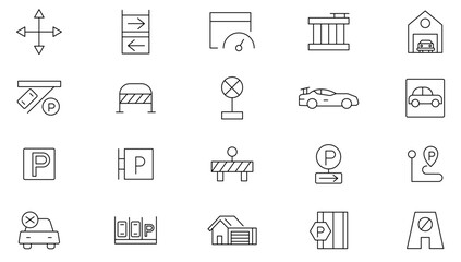 Parking line icon collection. Garage, paid parking, lift, automobile and car parking icon set. UI outline icons pack