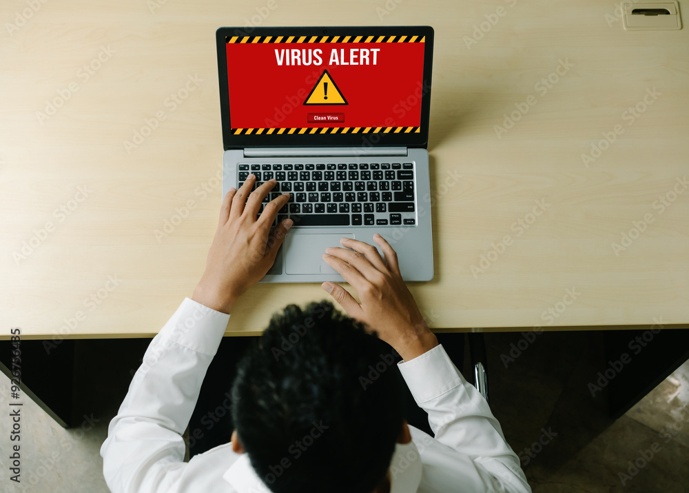 Poster virus warning alert on computer screen detected modish cyber threat , hacker, computer virus and mal