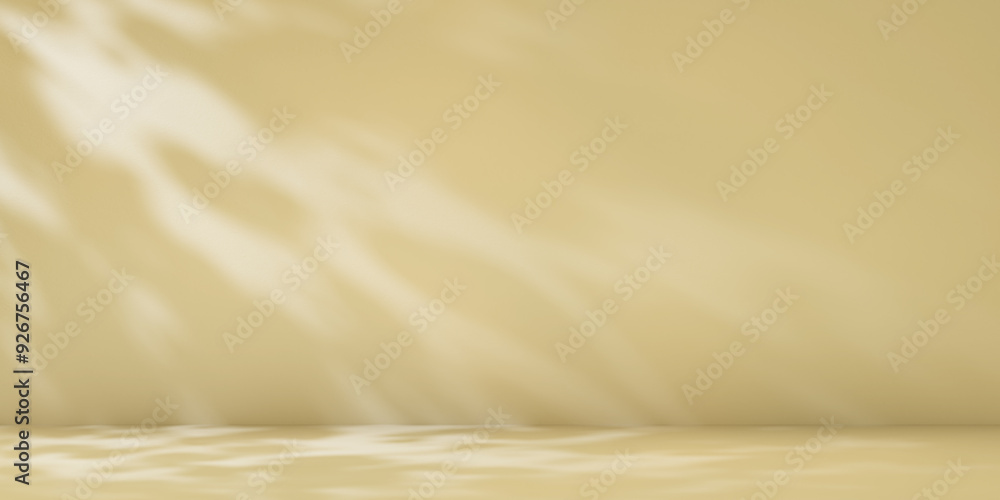 Poster beige minimalist studio for product presentation. empty room with shadows of tree leaves. 3d room ba
