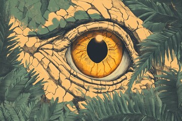 big dinosaur eye peeking through prehistoric plants pattern, vintage illustration