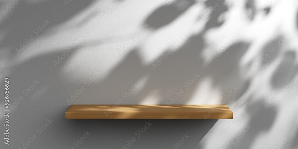 Poster white minimalist wall with wooden shelf for product presentation. empty room with shadows of tree le