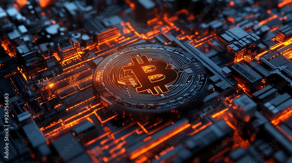 Poster A Bitcoin symbol sits on an illuminated circuit board.