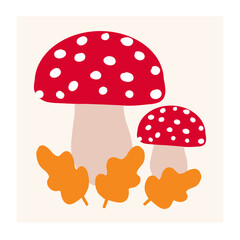 Red spotted mushrooms surrounded by autumn leaves in a warm, cozy environment