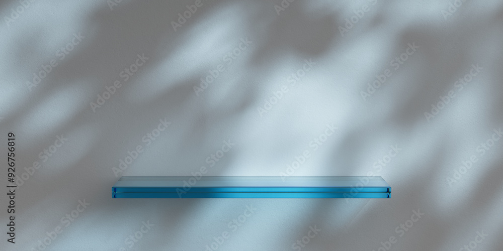 Poster white minimalist wall with glass shelf for product presentation. empty room with shadows of tree lea